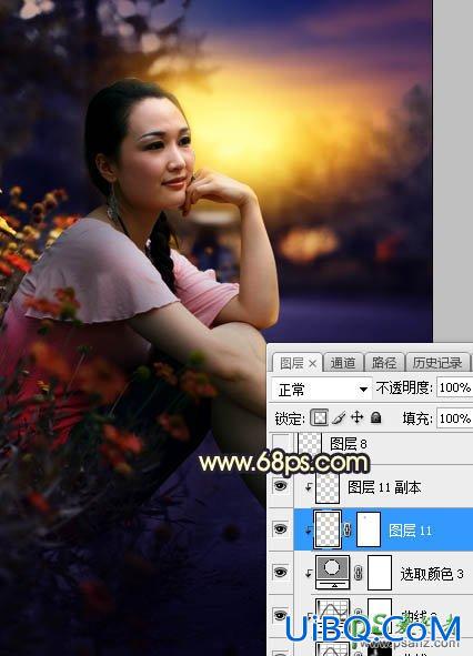 PS给早晨公路边自拍的高跟美女高清图片调出唯美的晨曦色