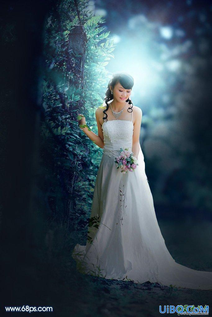 PS婚片调色：给树林中私拍漂亮女女婚纱照调出唯美的青蓝