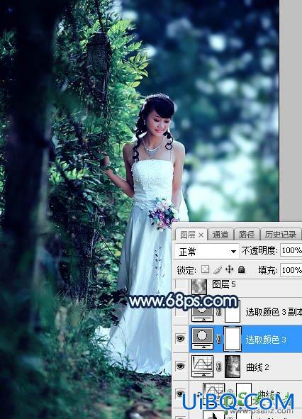 PS婚片调色：给树林中私拍漂亮女女婚纱照调出唯美的青蓝
