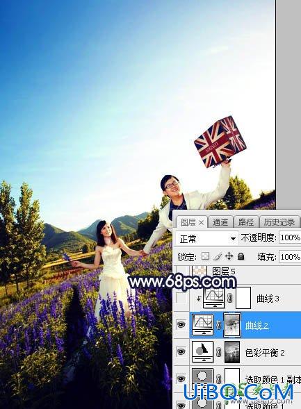 PS给薰衣草花海中拍摄的情侣婚纱照调出绚丽的霞光色