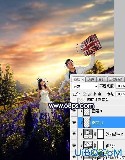 PS给薰衣草花海中拍摄的情侣婚纱照调出绚丽的霞光色