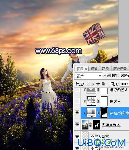 PS给薰衣草花海中拍摄的情侣婚纱照调出绚丽的霞光色