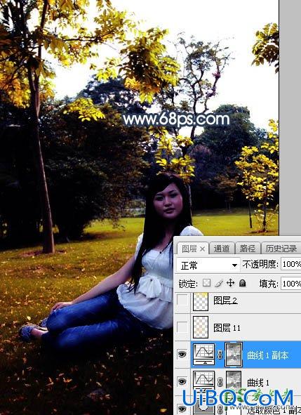 PS给公园树林中等着约会的女生写真照调出温暖的霞光色