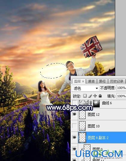 PS给薰衣草花海中拍摄的情侣婚纱照调出绚丽的霞光色