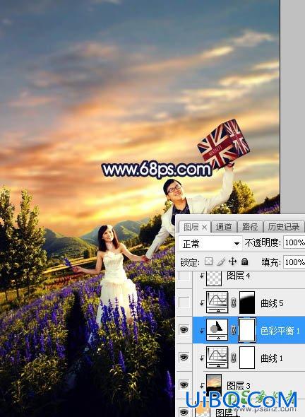 PS给薰衣草花海中拍摄的情侣婚纱照调出绚丽的霞光色