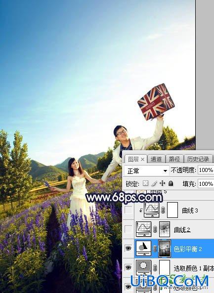 PS给薰衣草花海中拍摄的情侣婚纱照调出绚丽的霞光色