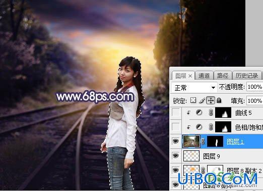 PS给铁路上拍摄的可爱女孩生活照调出温暖的霞光色彩