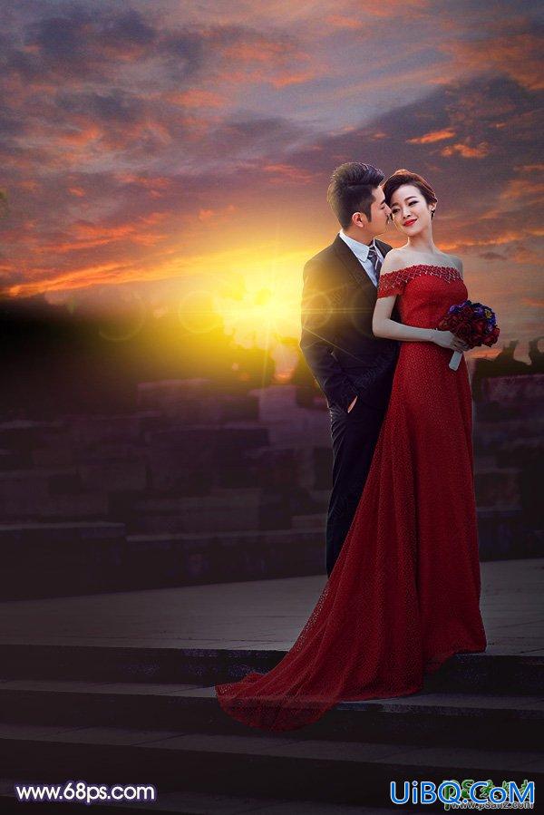 PS给外景拍摄的红色长裙美女婚纱艺术照调出大气的红色霞