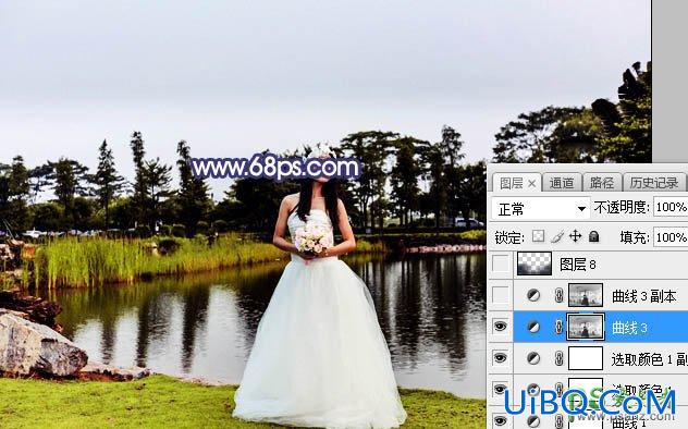 Ps婚纱照调色教程：给池塘边拍摄的清纯女生婚纱照调出黄昏夕阳色
