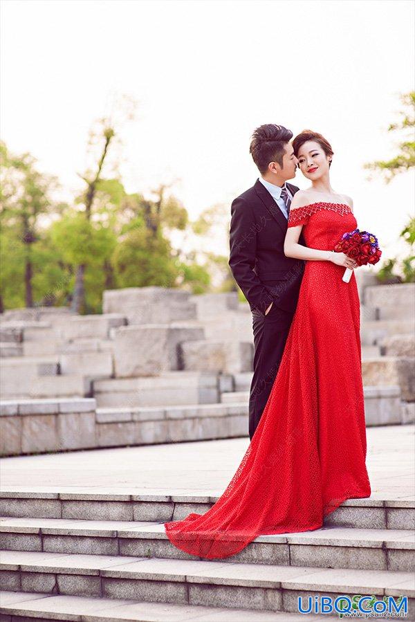 PS给外景拍摄的红色长裙美女婚纱艺术照调出大气的红色霞