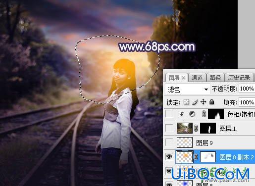 PS给铁路上拍摄的可爱女孩生活照调出温暖的霞光色彩