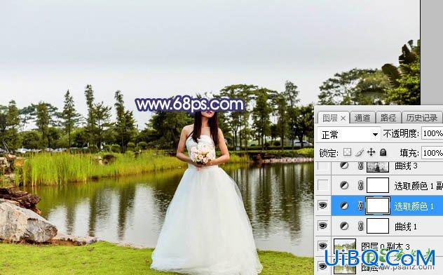 Ps婚纱照调色教程：给池塘边拍摄的清纯女生婚纱照调出黄昏夕阳色