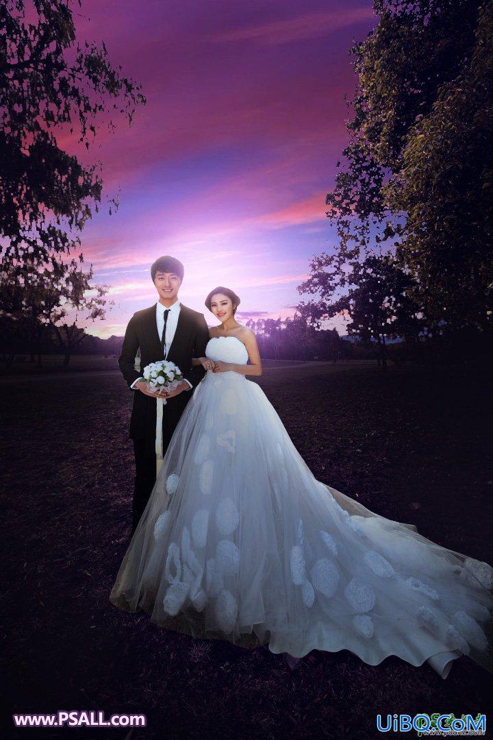Ps婚纱照调色：给秋景树林中拍摄的情侣婚片调出浪漫的紫色霞光