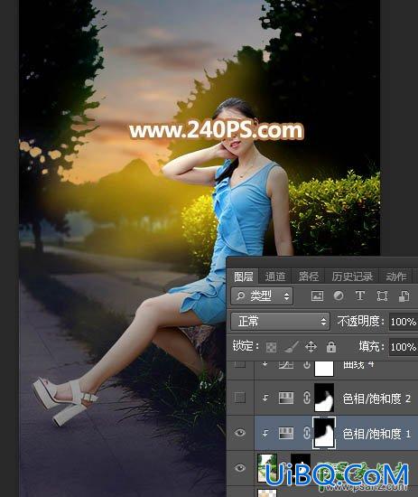 PS给公园外景拍摄的性感高跟美女照片调出唯美的霞光色。
