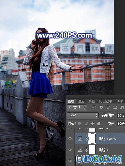 PS给长腿美女模特外景照片调出蓝紫色霞光色彩。