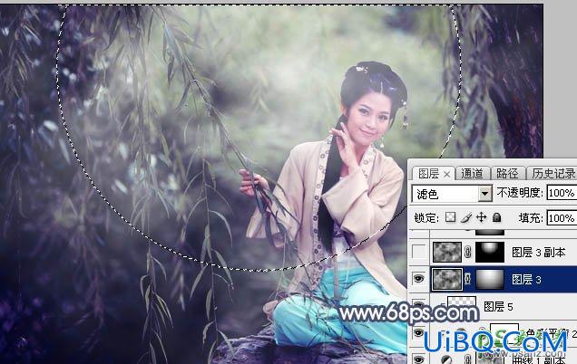 PS给古装美女外景写生照片调出蜼美的古典青蓝色彩。