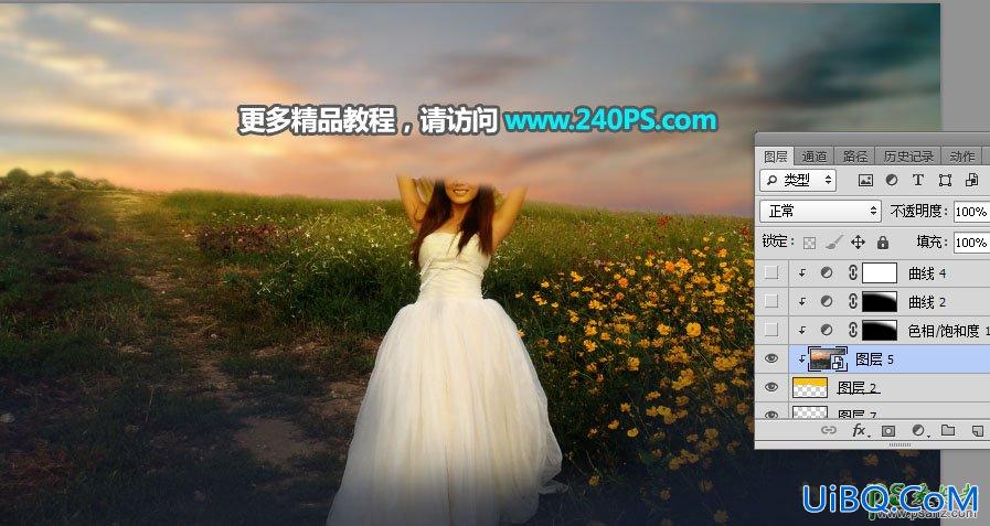 PS给花海中拍摄的漂亮美女婚纱艺术照加上大气的霞光色彩