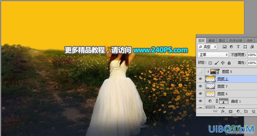 PS给花海中拍摄的漂亮美女婚纱艺术照加上大气的霞光色彩