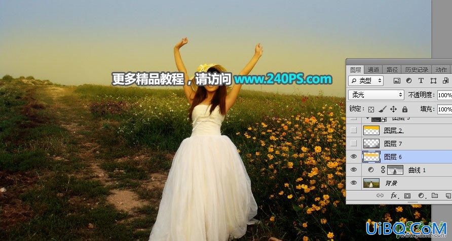 PS给花海中拍摄的漂亮美女婚纱艺术照加上大气的霞光色彩