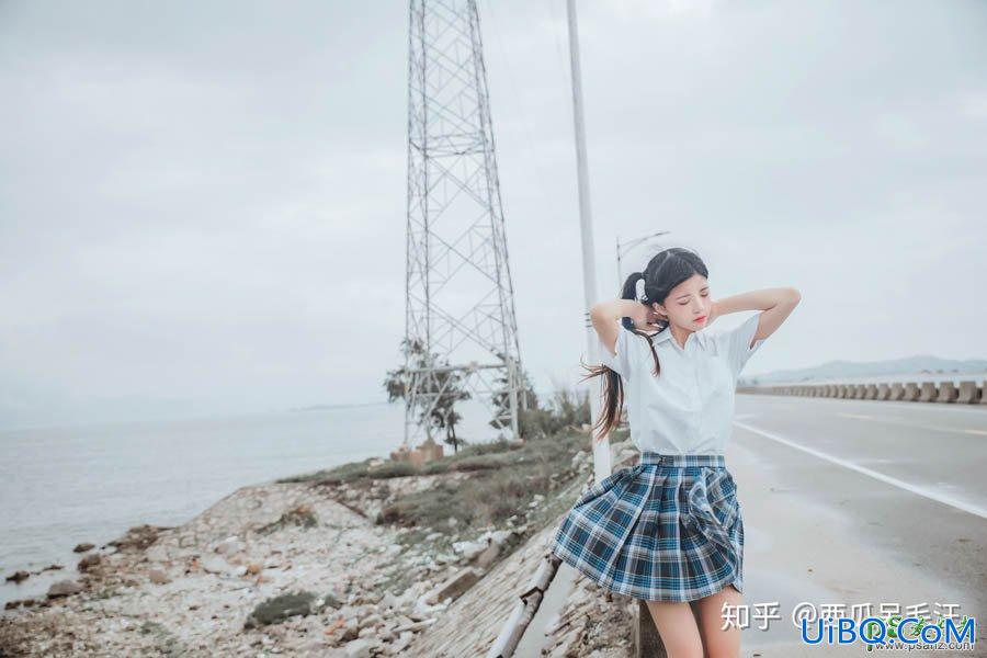 PS给台风天海边拍摄的制服少女外景照片调出淡雅小清新效