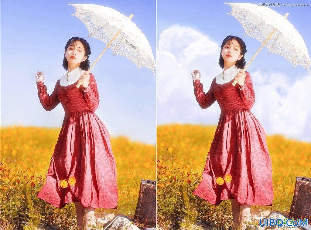 PS给花海里拍摄的一组少女写真照调出唯美梦幻的色彩。