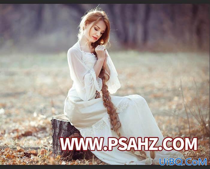 ps影楼后期调色教程：把秋天的欧美美女照调出小清绿色生机效果。