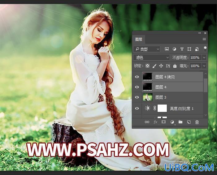 ps影楼后期调色教程：把秋天的欧美美女照调出小清绿色生机效果。