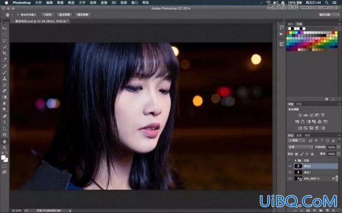 PS给夜景中拍摄的少女头像写真照调出唯美的紫色效果。