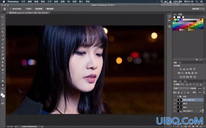PS给夜景中拍摄的少女头像写真照调出唯美的紫色效果。
