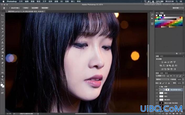 PS给夜景中拍摄的少女头像写真照调出唯美的紫色效果。