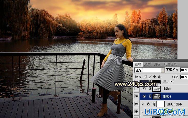 PS给公园湖边自拍的少妇写真照调出漂亮的霞光色彩。