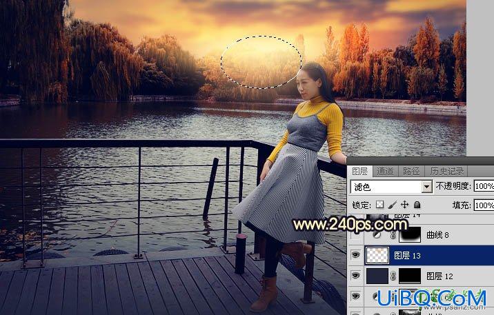 PS给公园湖边自拍的少妇写真照调出漂亮的霞光色彩。
