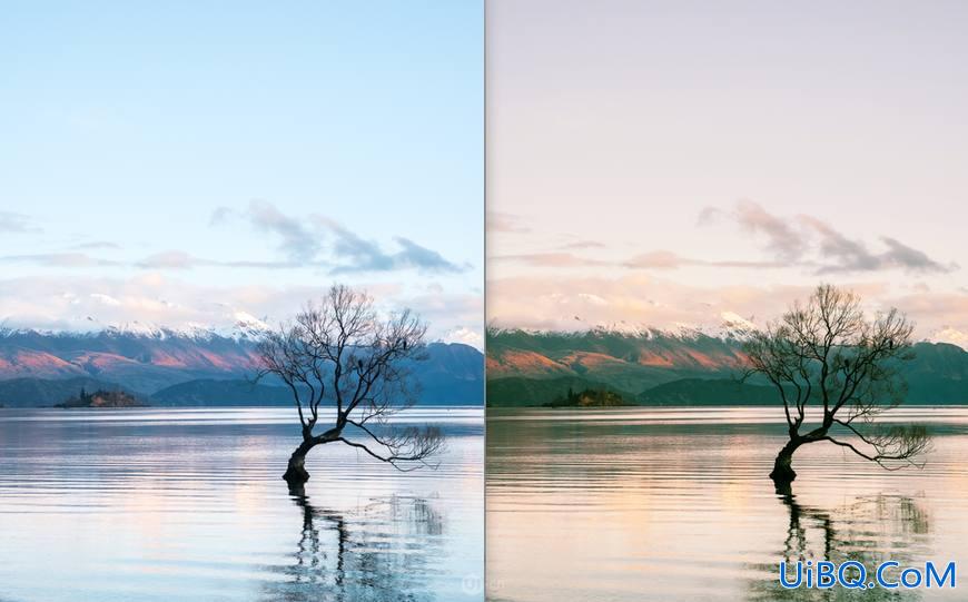 Photoshop调色教程：给湖景风光照片调出唯美夕阳效果,夕阳美景。