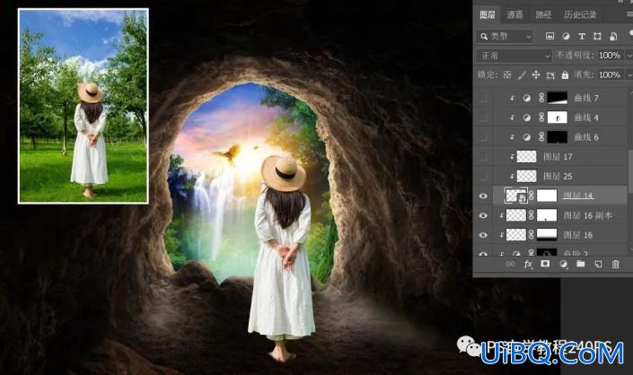 PS创意合成一个小姑娘在岩石洞口欣赏美景的场景。