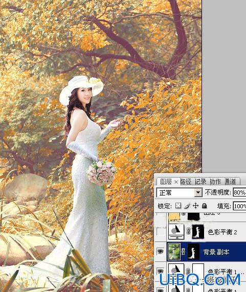 婚纱后期，通过ps调出橙黄色的唯美树林婚纱照片