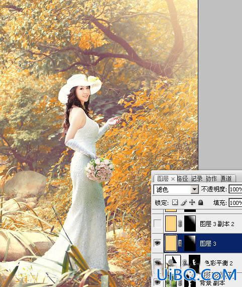 婚纱后期，通过ps调出橙黄色的唯美树林婚纱照片